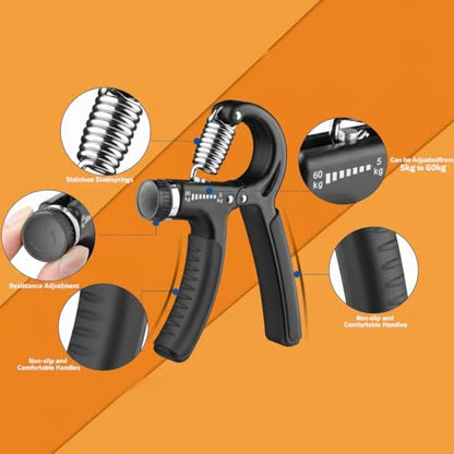 Grip Strength Trainer Adjustable 11–132 lbs Hand Exerciser Forearm Workout Tool - color: Black Grip Coated