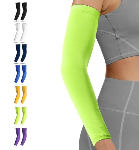 HiRui Arm Compression Sleeves for Men Women Youth, UV Protection 20-30mmHG Support Tattoo Cover, Breathable Moisture-Wicking - color: Fluorescent Green, size: Small (1 Pair)