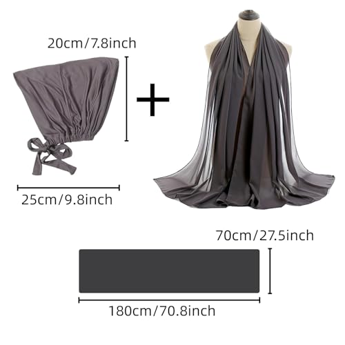 Yeieeo Instant Chiffon Hijab with Undercap (Tube or Bandage Cap), Breathable, no sweat buildup,Solid Chiffon Head Wraps - color: Dark Grey3