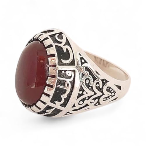 Islamic Sterling Silver Ring with Black Yemeni Aqeeq Stone, 925 Silver Religious Engraved Design, Ahlulbayt Muslim Prayer Jewelry for Men and Women,islamic ring,islamic men wowan ring - color: Red Yemeni Agate