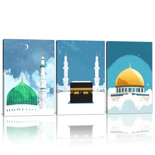 Islamic Wall Art 3 Piece Mosque Muslim Canvas Pictures Mecca Kaaba Poster Jerusalem Paintings Religion Prints Watercolor Artwork for Living Room Office Wall Decor Framed(Islamic,11L x 14W x 3Pcs) - size: 11L x 14W x 3Pcs