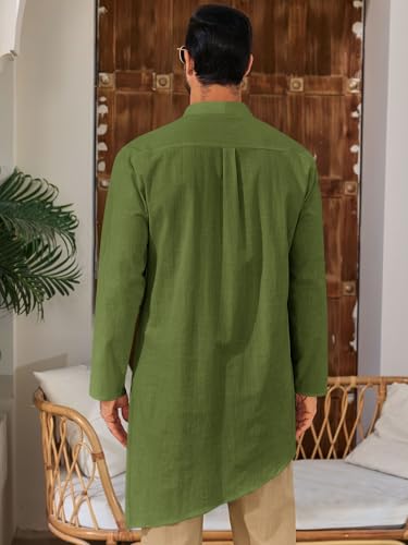 Runcati Mens Kaftan Robe Thobe Cotton Long Sleeve Henley Shirt Casual Muslim Gown Kurta Tops - color: Army Green, size: X-Large
