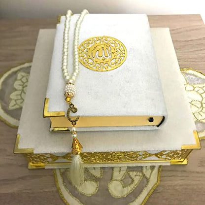 Velvet Covered Quran and Pearl Tasbih in Wooden Decorative Box | Islamic Gift Set | Muslim Eid Ramadan Gift (White) - color: White