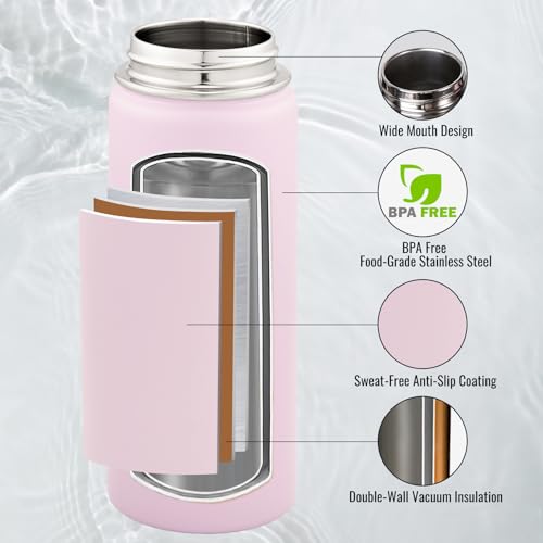 Fijinhom Insulated Water Bottle with Handle, 304 Stainless Steel Water Bottles with Wide Mouth, Double Wall Vacuum Sports Water Bottle, BPA Free, Keep Cold and Hot, 18 Ounces, Pink - color: Pink, size: 18 Ounces
