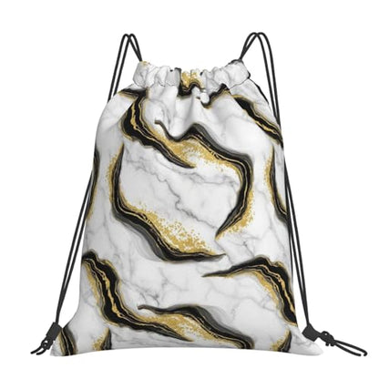 Water Resistant Gym Sack, Gold Black And White Marble, Drawstring Backpack with Zipper Pocket for Workout and Training - color: Pattern (376)