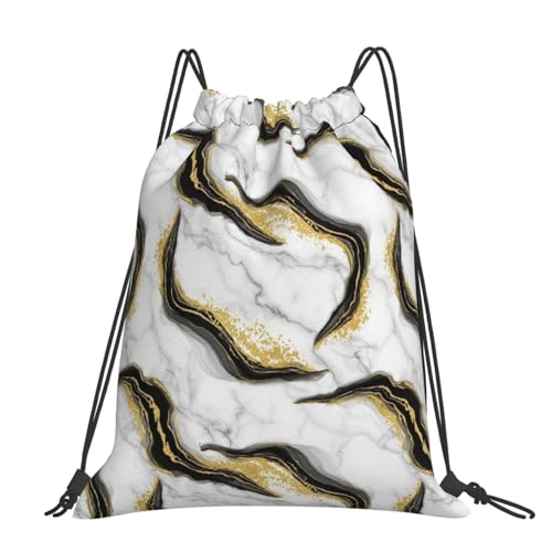 Water Resistant Gym Sack, Gold Black And White Marble, Drawstring Backpack with Zipper Pocket for Workout and Training - color: Pattern (376)