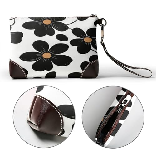 Leather Clutch Purse for Women, Large Capacity Wristlet Wallet with Removable Strap, Zip Handbag - color: Black Floral