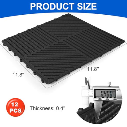 MYFAMIREA Modular Interlocking Cushion 12 Pack 11.8" x 11.8" Rubber Floor Tiles Non-Slip Splicing Drainage Mats for Deck, Pool, Shower, Patio, Balcony, Bathroom, Kitchen, Yard (Diagonal, Black) - size: 12 PCS-Diagonal