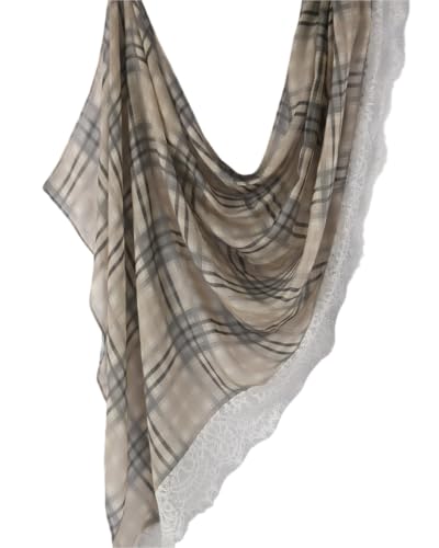 JUMISEE Elegant Floral Lace Hijab Scarf for Women Soft Cotton Head Wrap Instant Hijab Long Scarves Evening Dress Shawl - color: Beige Plaid Pattern