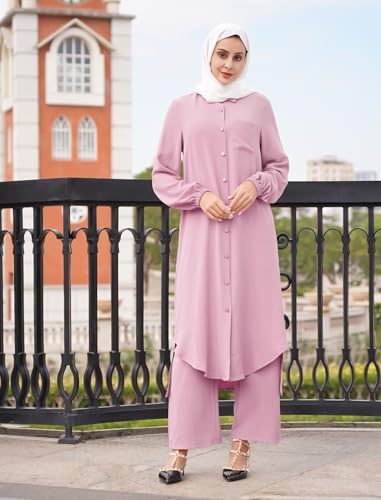 Women's Muslim 2 Pieces Sets Long Sleeve Button Down Shirt and Pants Abaya Casual Dress Dubai Outfits - color: Pink, size: Small