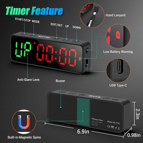 Small Gym Timer Clock Stopwatch Workout Interval Timer with Built-in Powerful Magnet, Large LED Digital Display, Home Accessories Countdown Clock for Home Gym Garage Crossfit Schools (Black) - color: Black