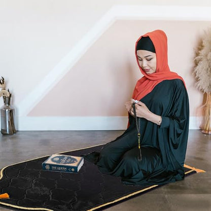Muslim Prayer Rug with Tasbih Prayer Beads, Extra Thick Padded Non-Slip Islamic Prayer Matt,Turkish Praying Carpet Ottoman Blankets Ramadan Gift for Ramadan, Eid, Hajj, Travel, Pray （Black） - color: Black