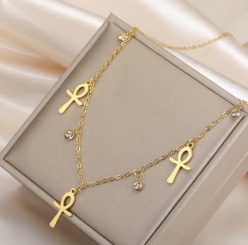 Ankh Cross Y Necklace Key of Life Eye of Horus Pendant Cartouche Long Chain Protection African Coptic Amulet Ancient Egyptian Religious Jewelry Gift for Women Men - color: Gemstone Ankh Cross gold