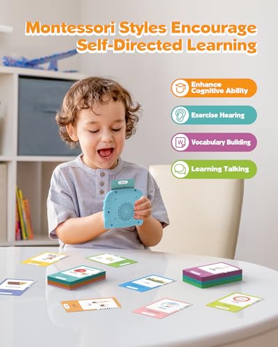 Airbition Bilingual Spanish and English Talking Flash Cards for Ages 2+, Pocket Speech Therapy Toy with 510 Words, Montessori Language Learning Toy, Children's Sensory Learning Kit - style: 510 Words English & Spanish Blue