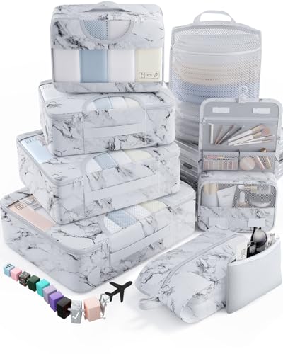 Veken 8 Set Packing Cubes for Travel Essentials, Suitcase Organizer Bags in 4 Sizes, Carry-On Luggage Accessories with Laundry Bag, Airplane Must Have with 99-Count Mesh Holes - color: 14 White Marble