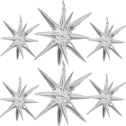 6 Pcs Silver Star Foil Balloons One-Piece 14-Pointed Star Balloon 4D Starburst Cone Mylar Balloon 22inch Christmas Birthday Wedding Wedding Anniversary Party Supplies (22&27 Inches Silver) - color: 22&27 Inches Silver