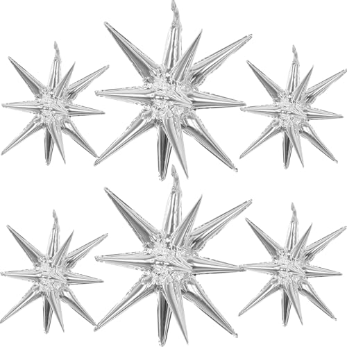 6 Pcs Silver Star Foil Balloons One-Piece 14-Pointed Star Balloon 4D Starburst Cone Mylar Balloon 22inch Christmas Birthday Wedding Wedding Anniversary Party Supplies (22&27 Inches Silver) - color: 22&27 Inches Silver