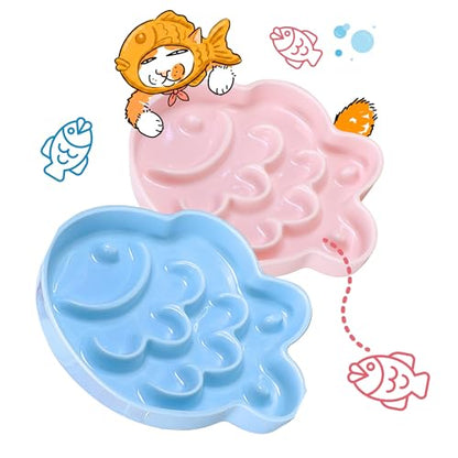 2 Pcs Ceramic Cat Slow Feeder Bowl - Shallow Whisker Friendly Cat Plate for Dry and Wet Food - Puzzle Feeder for Slow Eating - Helps Reduce Vomiting - Microwave & Dishwasher Safe-Non Slip(Blue + Pink) - color: Blue + Pink
