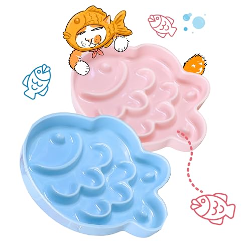 2 Pcs Ceramic Cat Slow Feeder Bowl - Shallow Whisker Friendly Cat Plate for Dry and Wet Food - Puzzle Feeder for Slow Eating - Helps Reduce Vomiting - Microwave & Dishwasher Safe-Non Slip(Blue + Pink) - color: Blue + Pink