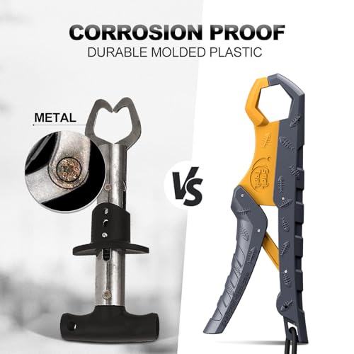7.5'' Floating Fish Gripper, Fishing Grabber | Catfish Mouth Pliers, Caught Bass Holder, Fish Scale Hook Clamp, Saltwater Lip Grip Tool with Lanyard, Gifts for Men - color: Gray-yellow