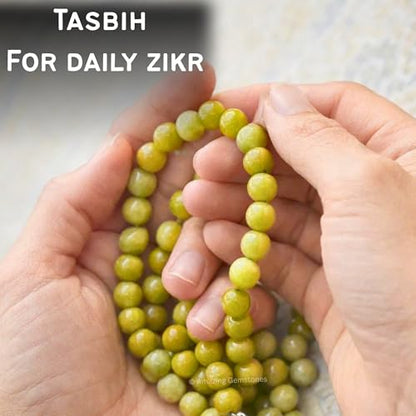 Amazing Gemstone Green Jade Tasbeeh with Moon and Star Charm - Certified Crystal Muslim Prayer Beads Natural Gemstone Tasbih Gift for Ramadan Dhikr and Daily Namaz (S) - color: Green Jade