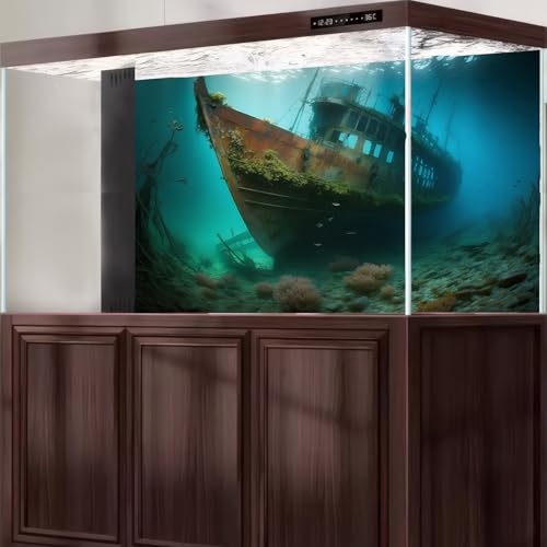 Underwater Shipwreck Aquarium Background Ocean Bottom Abandoned Ship Wreck Fish Tank Background Undersea Rusty Sunken Ship Terrarium Backgrounds Sunken Pirate Ship Reptile Tank Backgrounds 24x16in - color: Blue_Green, size: 24(W)x16(H)in