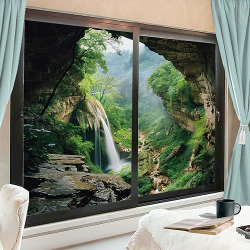 Green Forest Waterfall Frosted Window Privacy Film, Modern Mountain Cave Landscape House Window Film Adhesive Glass Coverings for Bathroom Home Decorative 23.6Wx35.4L-inch x2 Pcs - color: Style-2, size: 23.6Wx35.4L-inch x2 Pcs