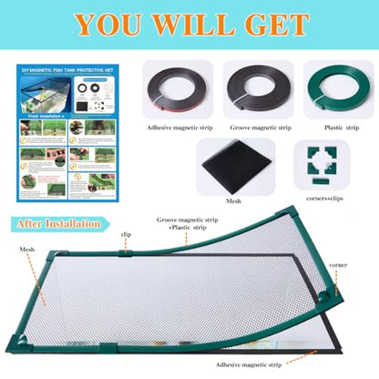 Magnetic Fish Tank Cover Green Frame Black Net, DIY Fish Tank Lid Adjustable Size Fit Tank Size Max 35''X19''(100x50CM) for Preventing Fish from Jumping Out and Reptile Escaping - color: Green Frame Black Net