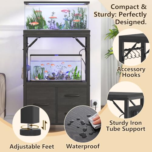Heybly 5-10 Gallon Fish Tank Stand, Aquarium Stand with Drawer, Power Outlet, Heavy Duty Metal Frame, for Fish Tank, Turtle & Reptile Terrarium, 20.5" × 10.2" Top, 200lbs, Black HAS002SBK-1 - color: Black, size: 5-10 gal