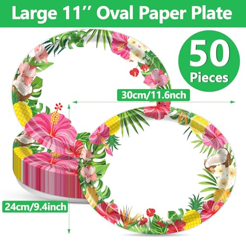 Qyeahkj 50피스 하와이안 루아우 타원형 종이 접시 대형 27.9cm(11인치) 일회용 알로하 꽃 파티 장식 여름 플래터 식기 용품 열대 접시 트레이 해변 생일 파티 식기 세트 - style: 하와이안