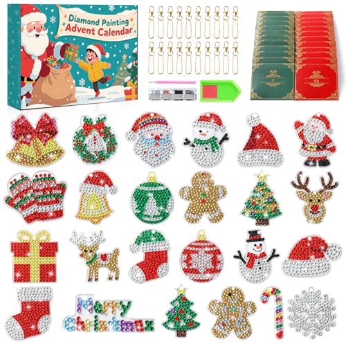 Diamond Painting Advent Calendar 2026 for Girls Kids 24 Days Christmas Countdown Calendar with Dimond Art Painting Kits Accessories for DIY Gem Keychains Crafts for Christmas Gift - color: red