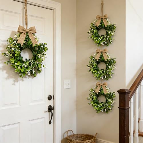 4 Pcs Small Spring Summer Hanging Wreaths for Cabinets Artificial Greenery Eucalyptus White Berry Mini Candle Ring Wreath with Foliage for Home Kitchen Front Door Window Porch Wall Wedding Decor