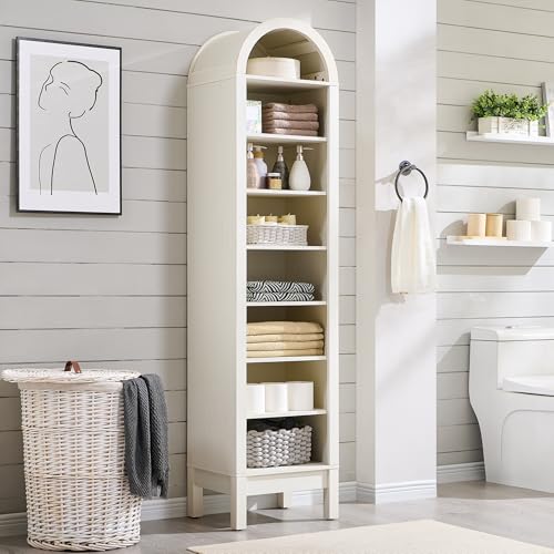 IFBUY 71" Tall Arched Bathroom Storage Cabinet, 8-Tier Modern Farmhouse Storage Cabinet with Adjustable Shelves, Wood Freestanding Cabinet for Bathroom, Living Room, Entryway, Hallway (Antique White) - color: Antique White, size: 71" Tall 8-Tiers(Middle)