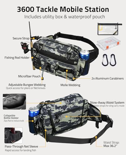 CVLIFE Fishing Tackle Bag Waist Pack with Rod Holder, Waterproof Fanny Pack | 900D Fabric, Convertible Carry, Detachable Shoulder Strap, Landing Net Holster, 3600 Tackle Box, Waterproof Pouch, Carabiners - color: Tactical Camo