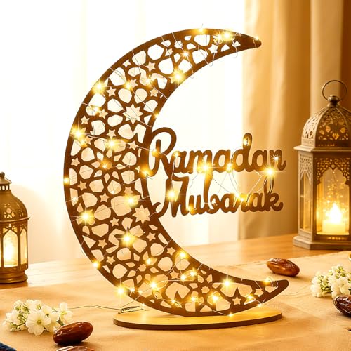 DoubleFill Eid Mubarak Ramadan Crescent Moon Star Light 27.56 x 20.67 Inches LED Wooden Ramadan Mubarak Decoration Eid Gift for Home Bedroom Floor Yard Lawn Islamic Outdoor Decor(Typical) - style: Typical