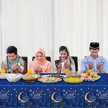 Tiamon 3 Pieces Eid Mubarak Tablecloth Plastic Ramadan Table Cover Decorations Rectangular Eid Mubarak Table Cloths Eid Mubarak Party Supplies Favors for Ramadan and Eid, 54 x 108 Inch(Blue)