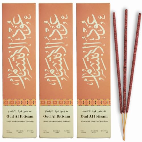 Oud Al Ibtisam Incense Sticks by Dukhni – Floral Oudh Scent | Agarwood Arabian Charcoal Free Incense I 90 Long-Lasting Oud Sticks | Organic & Non Toxic I Relaxing Aroma for Home, Aromatherapy, Prayer