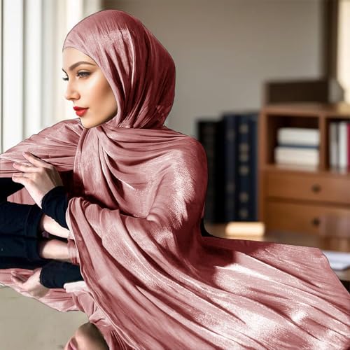 Premium Hijab Head Scarf for Women Lightweight Shimmer Hijab Head Wrap Scarves Crepe Satin Scarf Shawl Wrap - color: Rosy