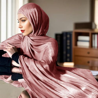 Premium Hijab Head Scarf for Women Lightweight Shimmer Hijab Head Wrap Scarves Crepe Satin Scarf Shawl Wrap - color: Rosy