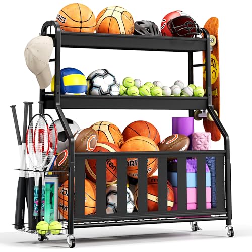 Sports Equipment Organizer, Large Capacity Garage Ball Storage Rack with Wheels, Heavy-Duty Rolling Ball Cart for Basketball, Soccer & Sports Gear