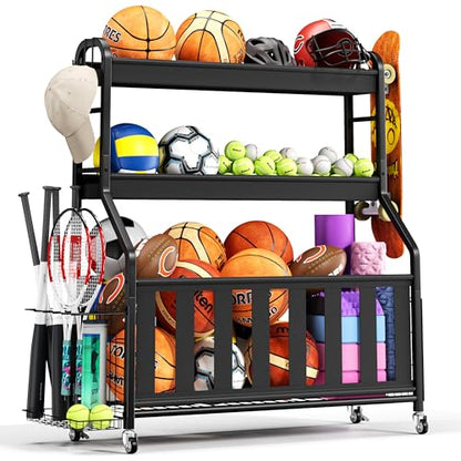 Sports Equipment Organizer, Large Capacity Garage Ball Storage Rack with Wheels, Heavy-Duty Rolling Ball Cart for Basketball, Soccer & Sports Gear