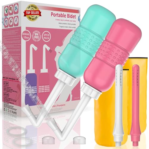 2PCS-Pack 2IN1 Intimate Wash for Women,2 Nozzle（Short+Long）,Portable Bidet Travel Bidets with Waterproof Cap + Storage Bag,Peri Bottle for Postpartum Care (Pink+Green) - color: 450ml 2in1【outside/Inside Clean】