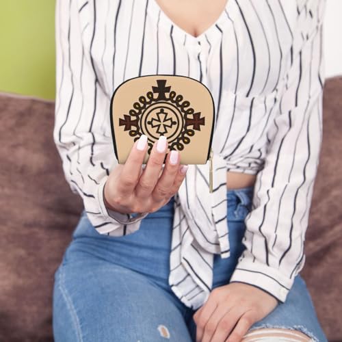 Ethiopian Cross RFID Blocking Semi Circle Card Holder PU Leather Zipper Wallet Pouch Keychain Bag for Women Men, Slim Small Credit Card Case Organizer with 12 Slots - color: Ethiopian Cross2