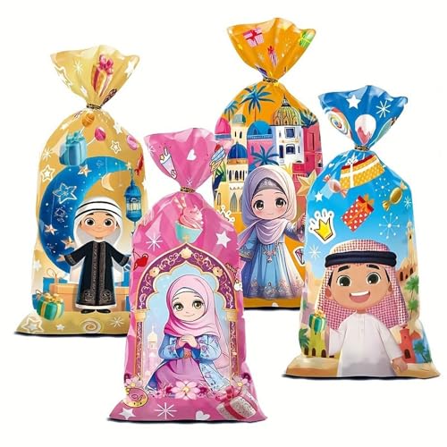 50pcs Eid Mubarak Colorful Gift Bags with Moon, Castle & Star Designs - with Tie Closure for Ramadan Kareem Celebrations & Islamic Muslim Party Favors (Colored pattern) - color: Colored pattern