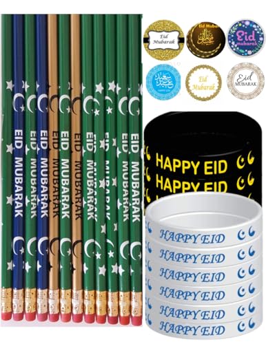 448 Pcs Eid Mubarak Pencils Wristbands Stickers Set Eid Pencils Eid Wristbands Eid Stickers Eid Mubarak Party Ramadan Gift for Muslims (Eid Pack) - color: Eid Pack