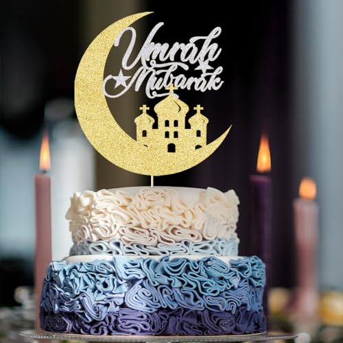 Umrah Mubarak Cake Topper, Muslim Islam Eid Festival Party Decorations - color: Gold and Silver