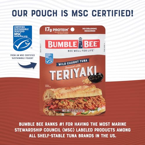 Bumble Bee Teriyaki Seasoned Tuna Pouch - Wild Caught and Ready to Eat for Snack, Salad, Korean Tuna Bowl - 17g Protein per Serving - PERFECT, PORTABLE, GOODNESS - 2.5 oz Packet (Pack of 4) - size: 2.5 Ounce (Pack of 4)