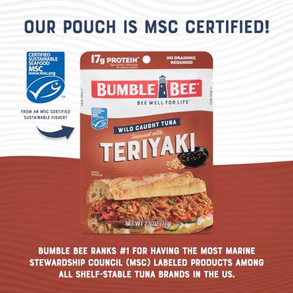 Bumble Bee Teriyaki Seasoned Tuna Pouch - Wild Caught and Ready to Eat for Snack, Salad, Korean Tuna Bowl - 17g Protein per Serving - PERFECT, PORTABLE, GOODNESS - 2.5 oz Packet (Pack of 4) - size: 2.5 Ounce (Pack of 4)