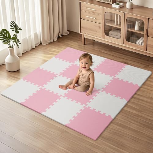 16 Tiles Baby Play Mat for Floor, EVA Foam Baby Floor Play Mat with 0.6 Inch Thick Interlocking Foam Tiles, Foam Floor Tiles for Baby, Toddlers and Kids (Pink-White, 16PCS) - color: Pink-white, size: 16 PCS