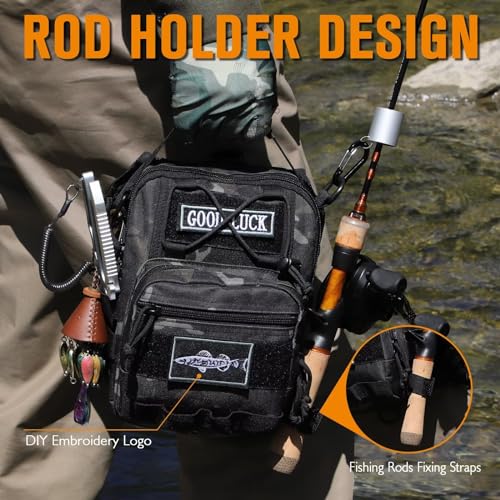 Small Fishing Backpack, Waterproof Fly Fishing Sling Pack Tackle Bag with Tackle Boxes - color: C-Size:17.7*8.5*5.7in-Black(NO TACKLE BOX)